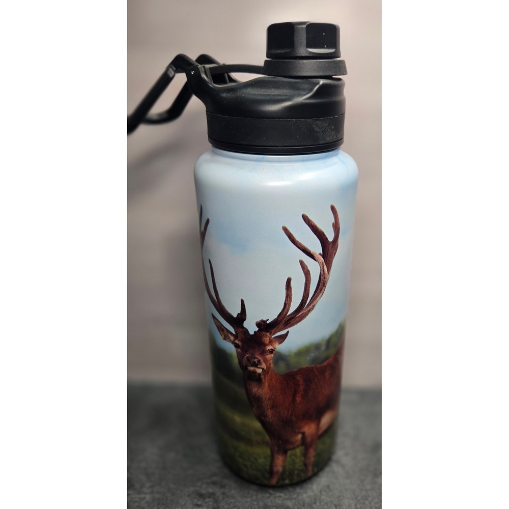 Deer Elk Nature Graphic Insulated Water Bottle Blue Stainless Steel Chug Lid